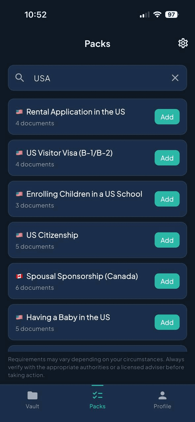 Optional life event document checklists