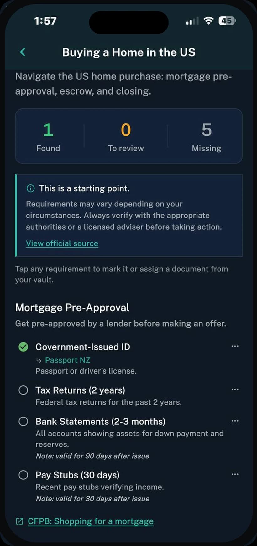 A checklist detail screen showing required documents grouped into steps, each marked found, missing, or review