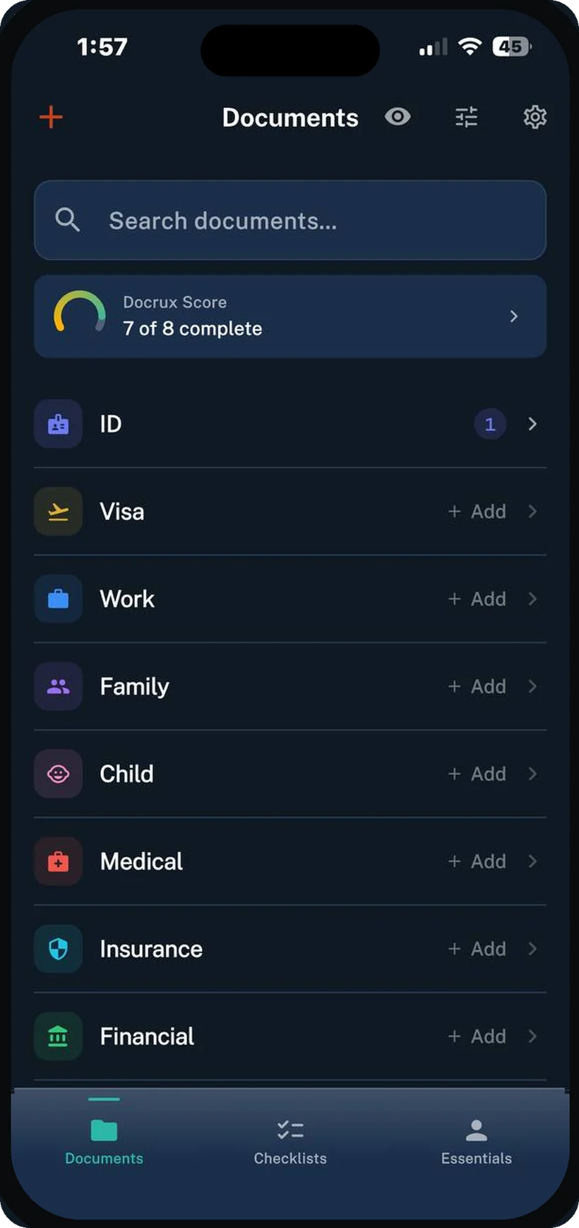 Docrux Documents screen showing search, the Docrux Score, and document categories