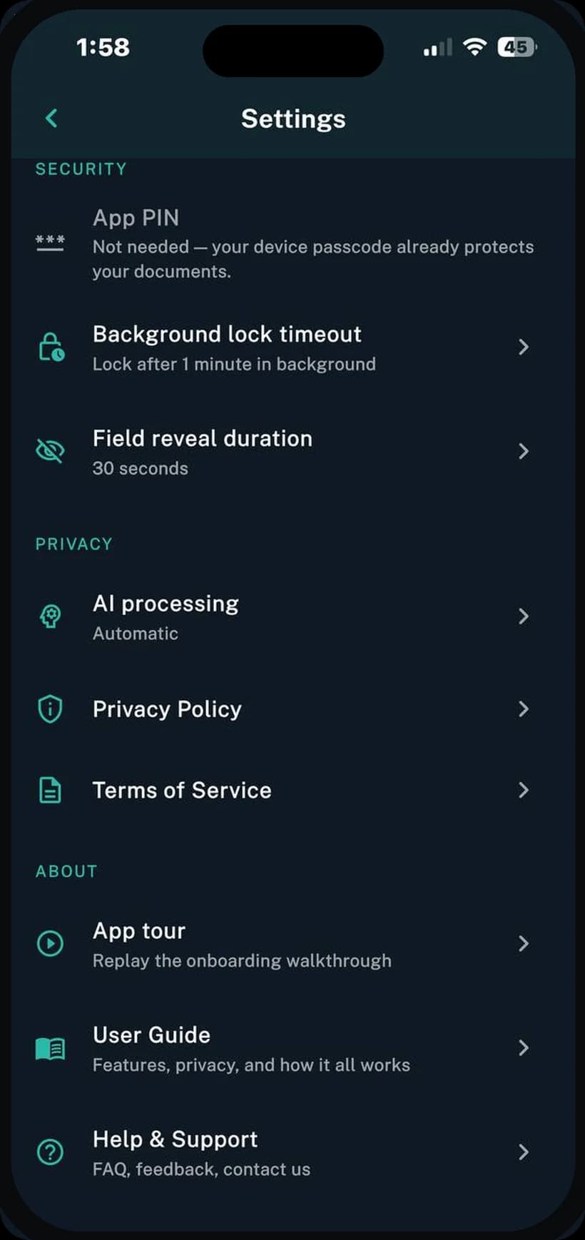 Settings screen with security, App PIN, biometric lock, and AI processing options